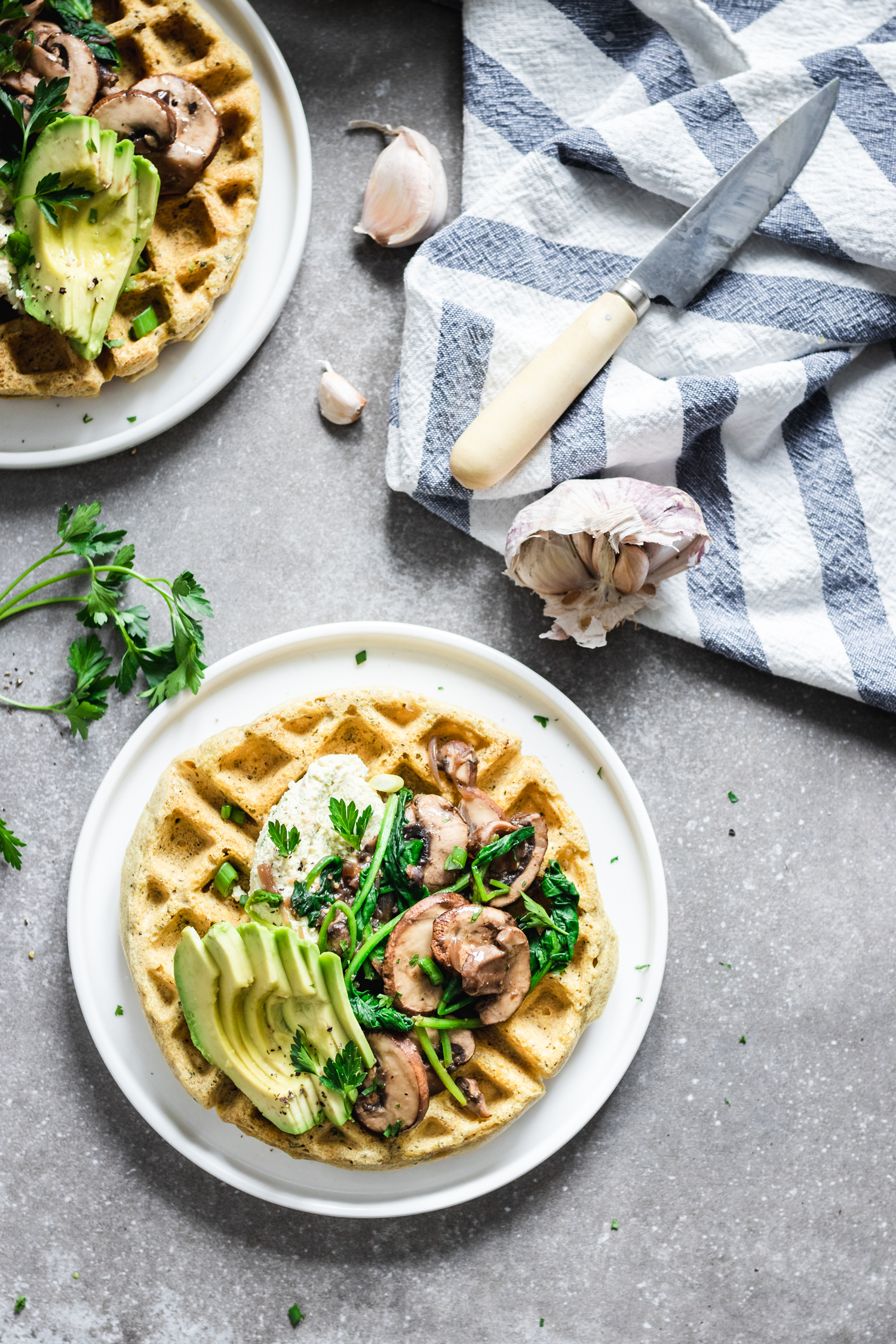 Corn Meal Waffles with Sautéed Cremini Mushrooms and Spinach