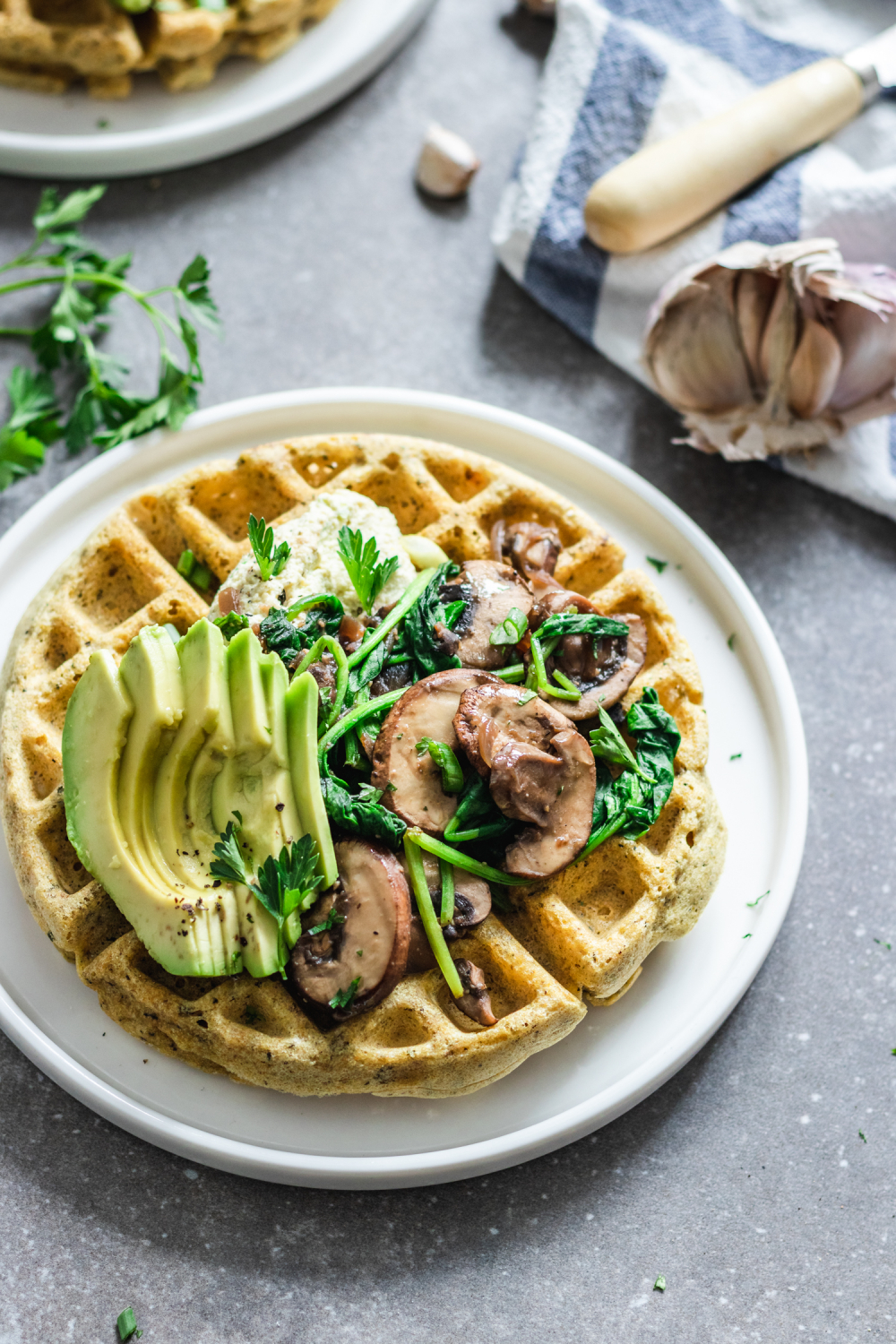 Corn Meal Waffles with Sautéed Cremini Mushrooms and Spinach