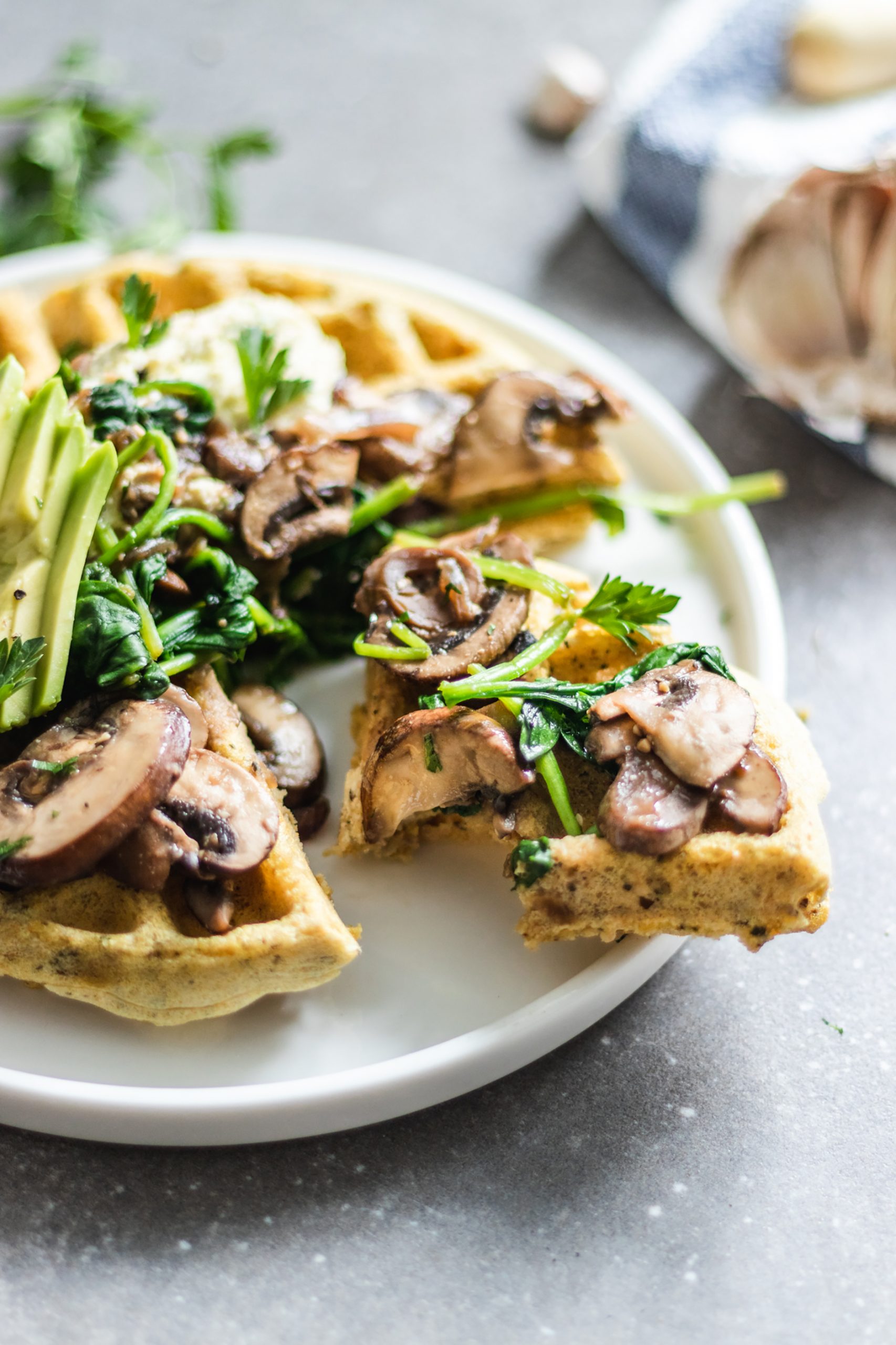 Corn Meal Waffles with Sautéed Cremini Mushrooms and Spinach