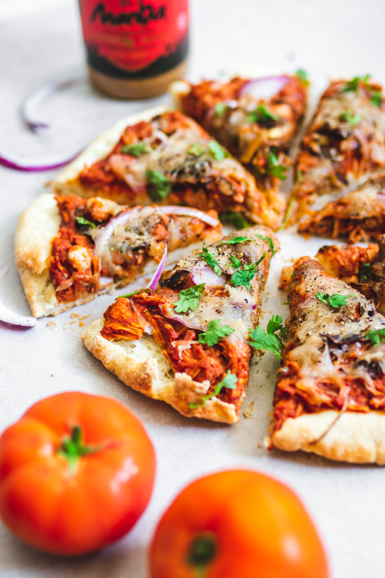 Closeup of Peanut Butter and BBQ Jackfruit Pizza