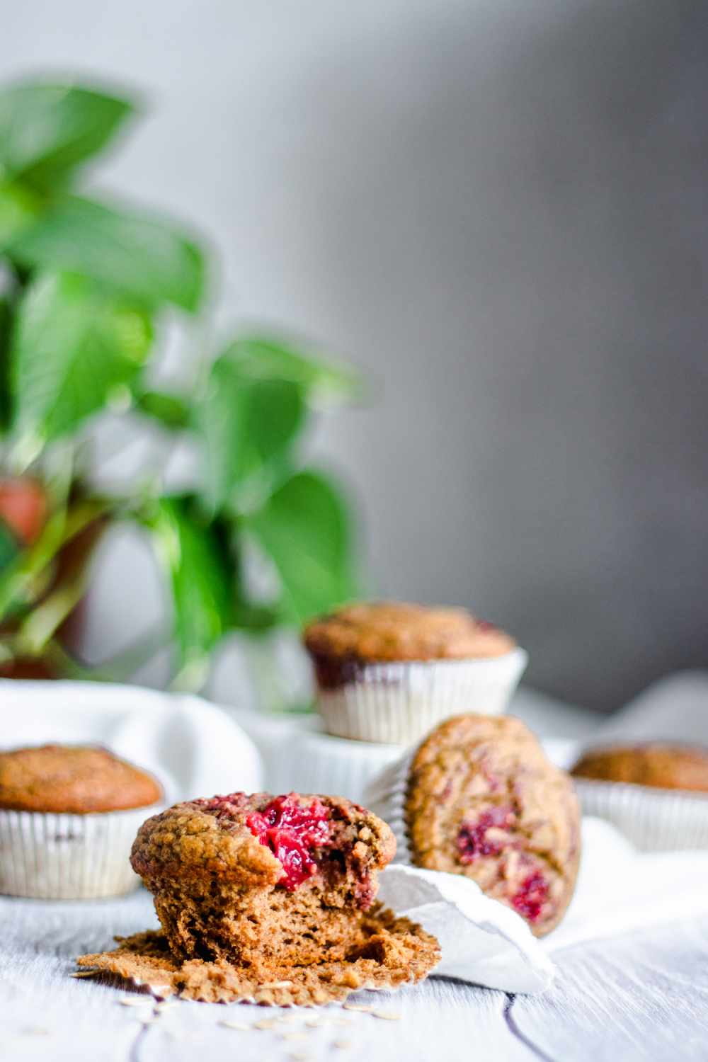 Strawberry Jam Swirl Muffins with bite taken out