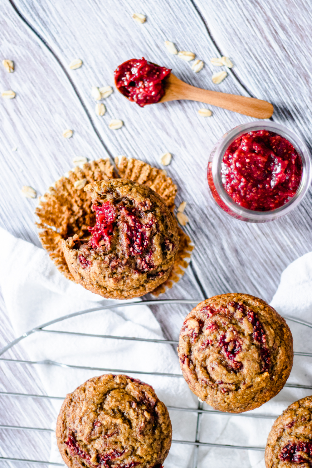 Overhead of Strawberry Jam Swirl Muffins