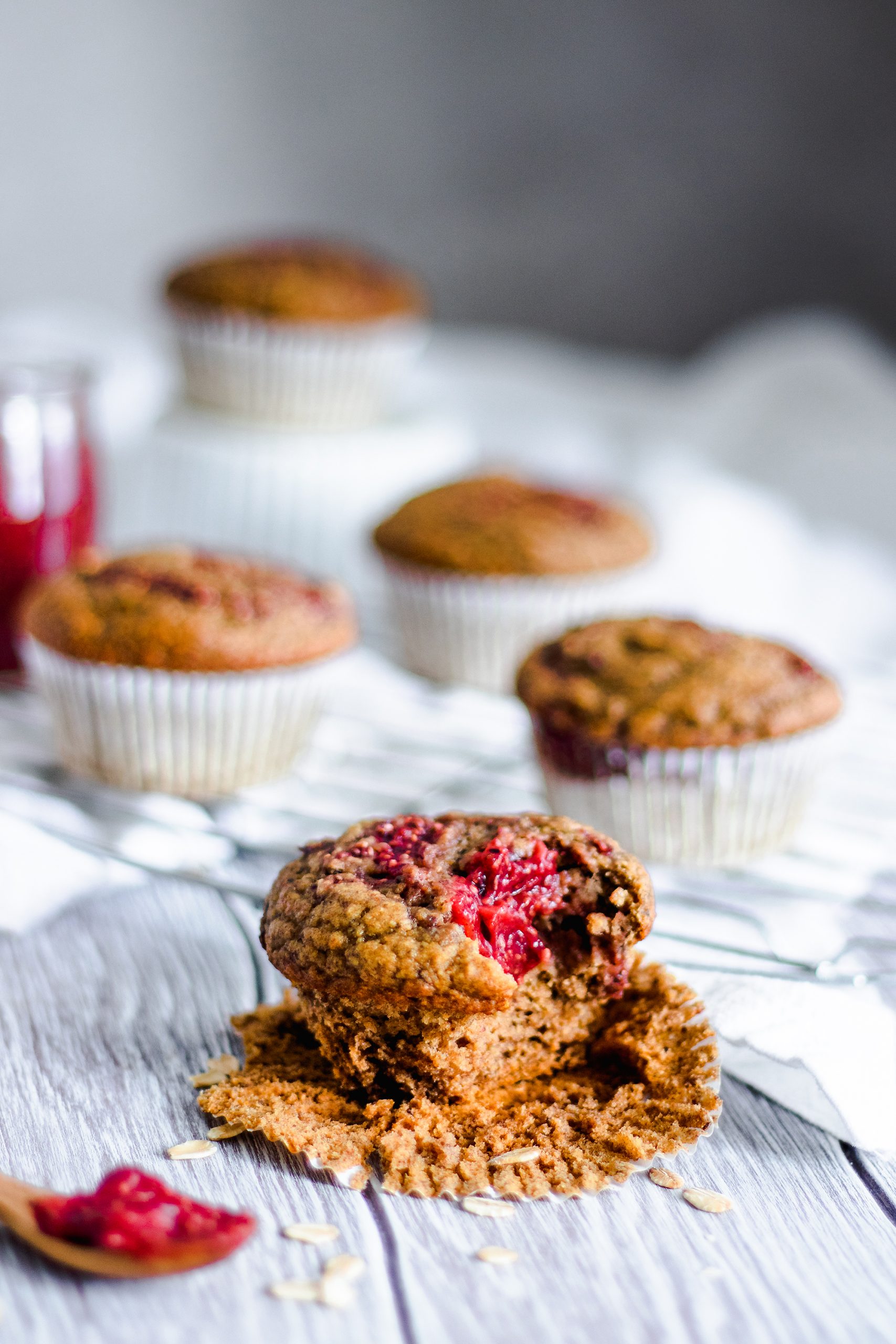 Strawberry Jam Swirl Muffins with bite taken out