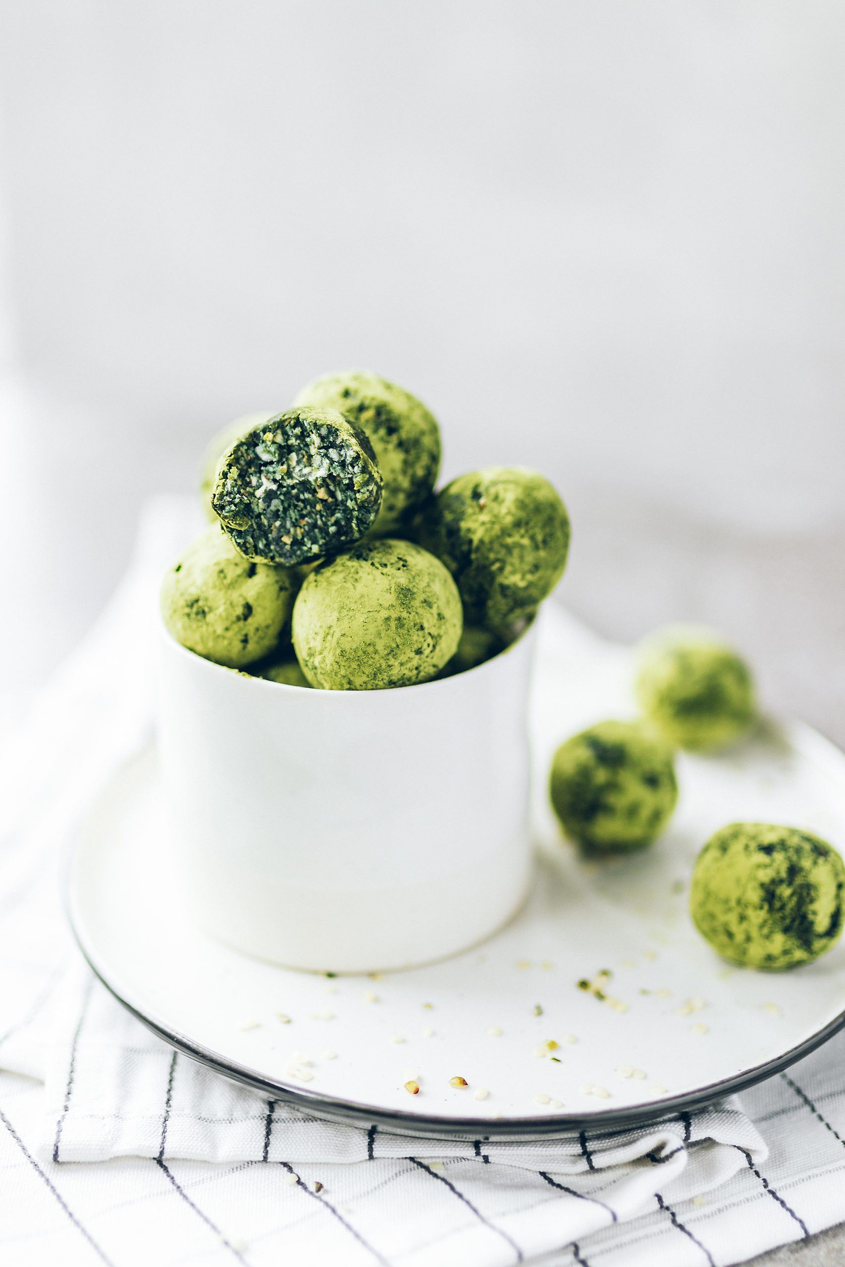 Spirulina Hemp and Coconut Bliss Balls in a little jar