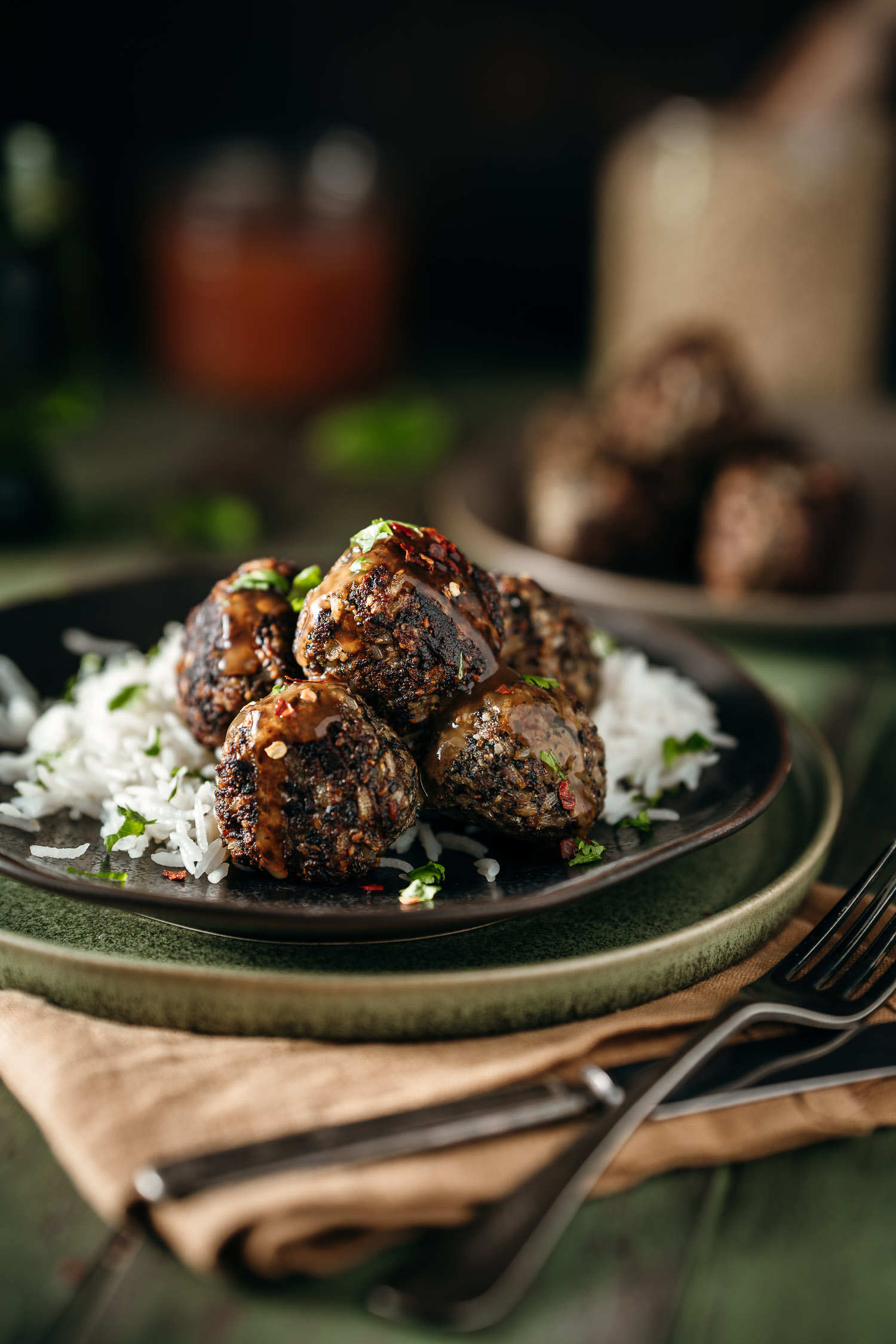 Shiitake and Rice Meatballs with Sweet and Sour Sauce Glazed on Top