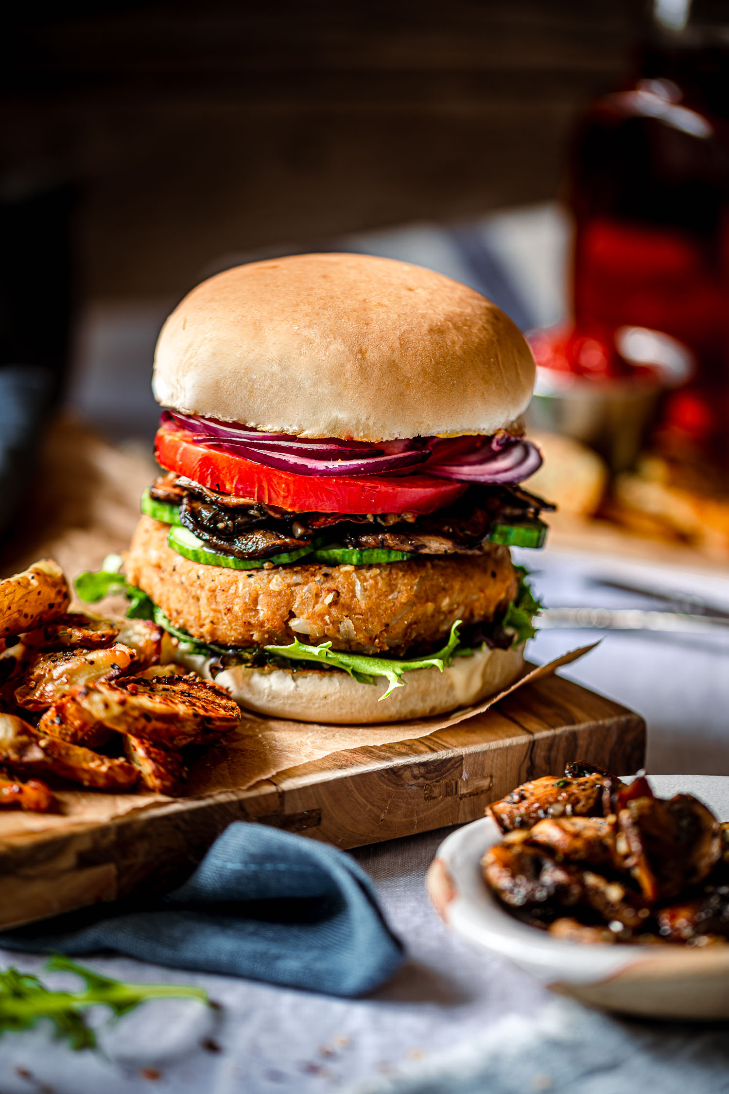 Quebec Inspired Smoky Maple Vegan Burger with caramelized mushrooms and potatoes