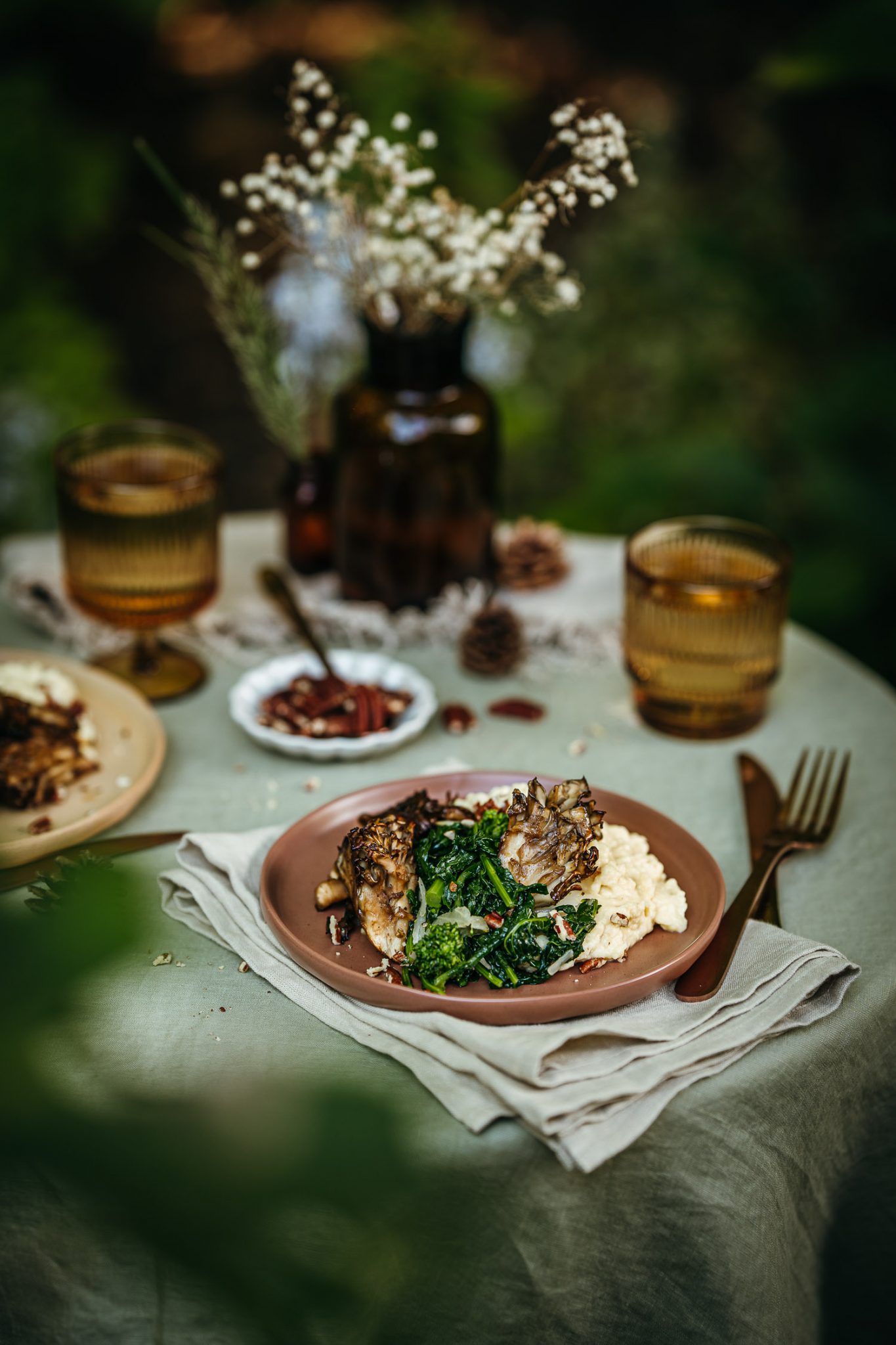 Maple Roasted Maitake Mushrooms with Butter Miso Mashed Potatoes and