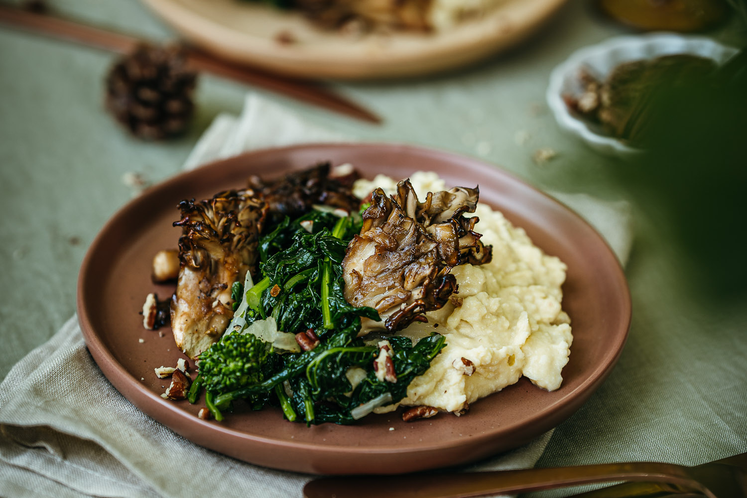 Maple Roasted Maitake Mushrooms with Butter Miso Mashed Potatoes and rapini