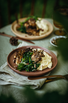 Maple Roasted Maitake Mushrooms with Butter Miso Mashed Potatoes and rapini