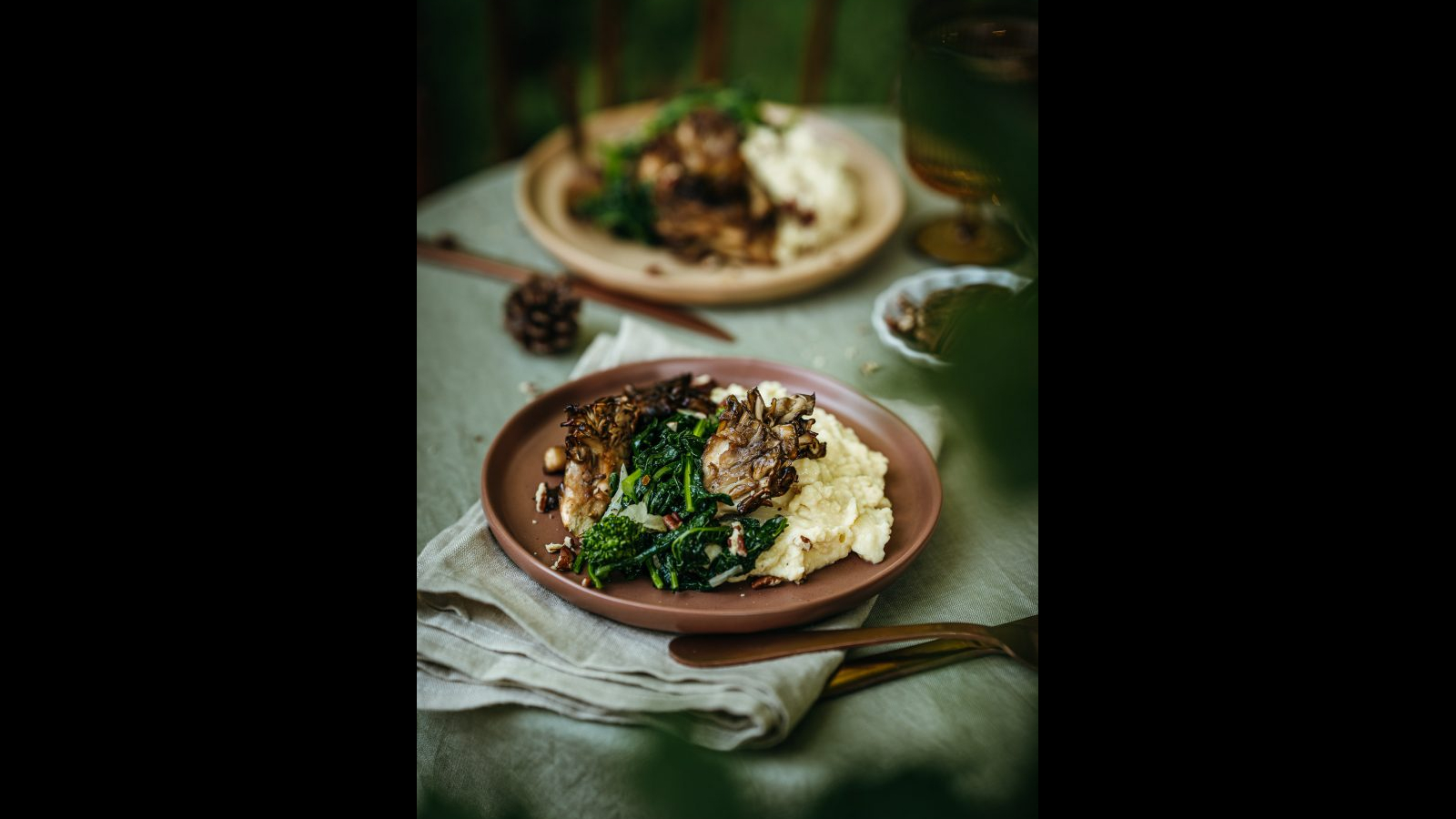 Maple Roasted Maitake Mushrooms with Butter Miso Mashed Potatoes and Rapini | Murielle Banackissa