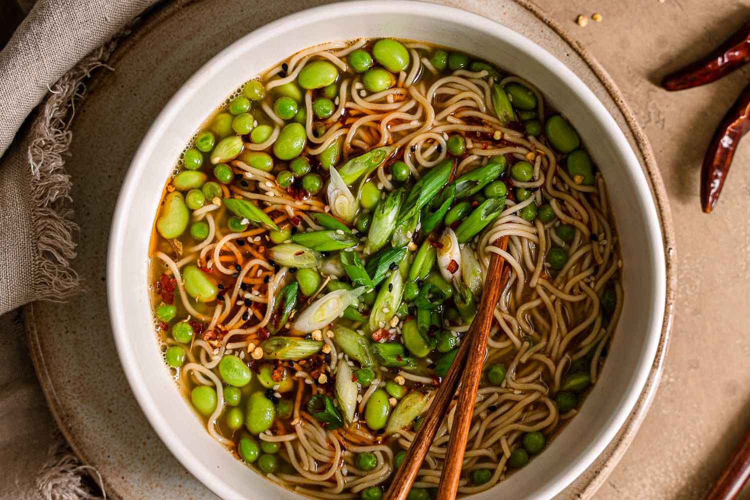 Overhead of One Pot Green Ramen for One