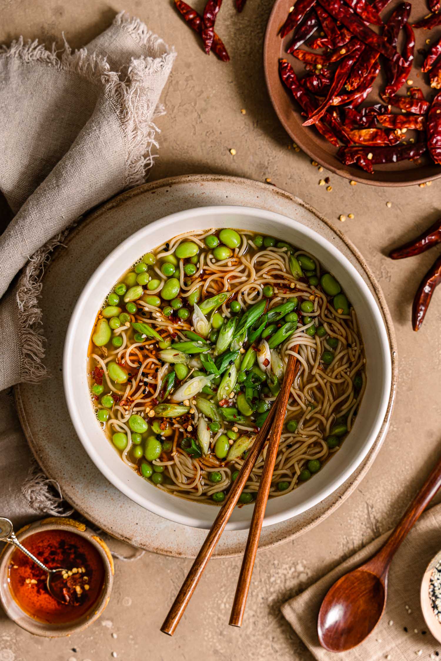 Overhead of One Pot Green Ramen for One