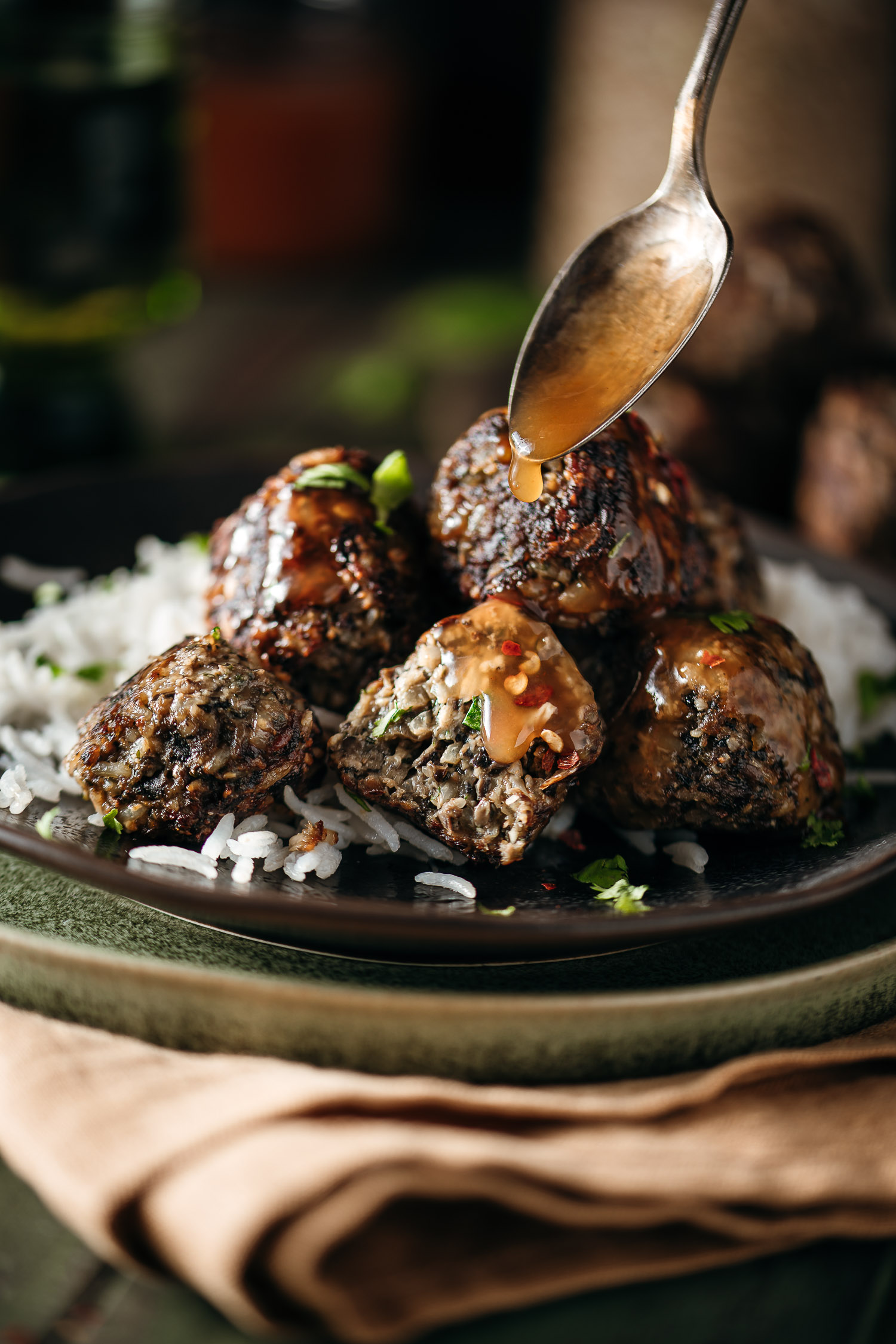 Shiitake and Rice Meatballs with Sweet and Sour Sauce