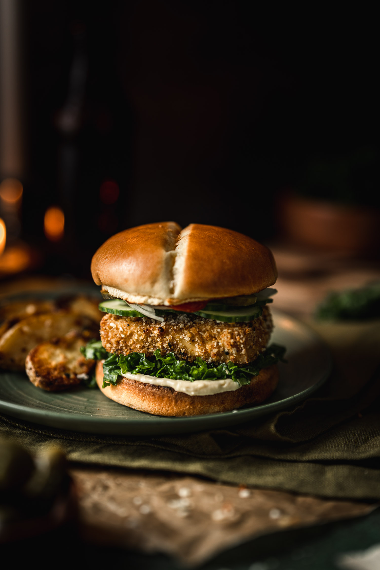 Panko Crusted Tofu Burger with Truffle Massaged Kale