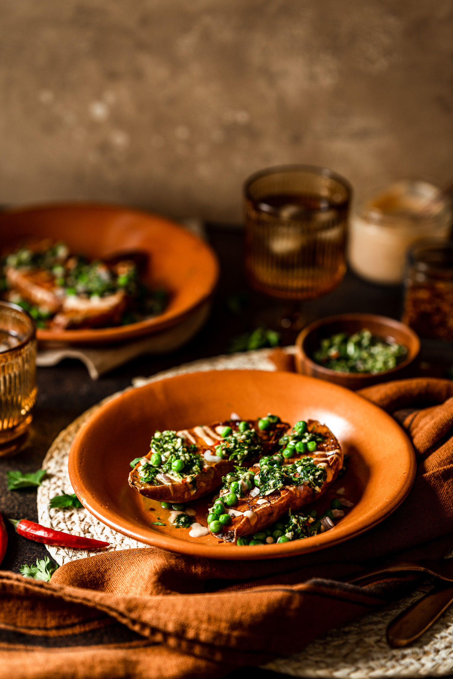 Roasted Sweet Potato Boats with Spicy Chimichurri and Smoky Crema