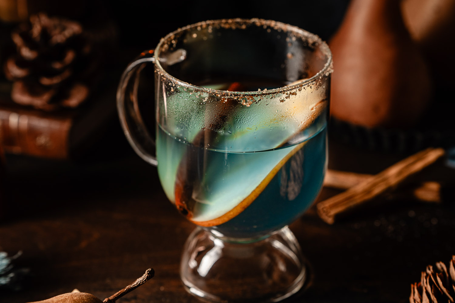 Spicy Pear Hot Toddy in a clear glass mug
