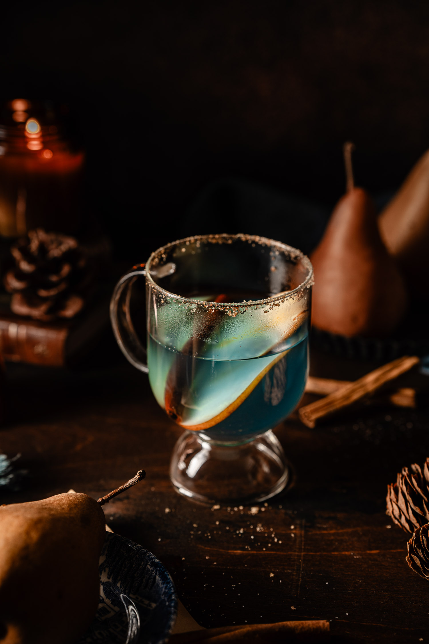 Spicy Pear Hot Toddy in a clear glass mug