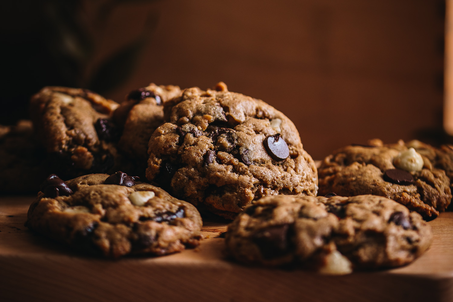 Easy Vegan Chocolate Chip Cookies on wood board