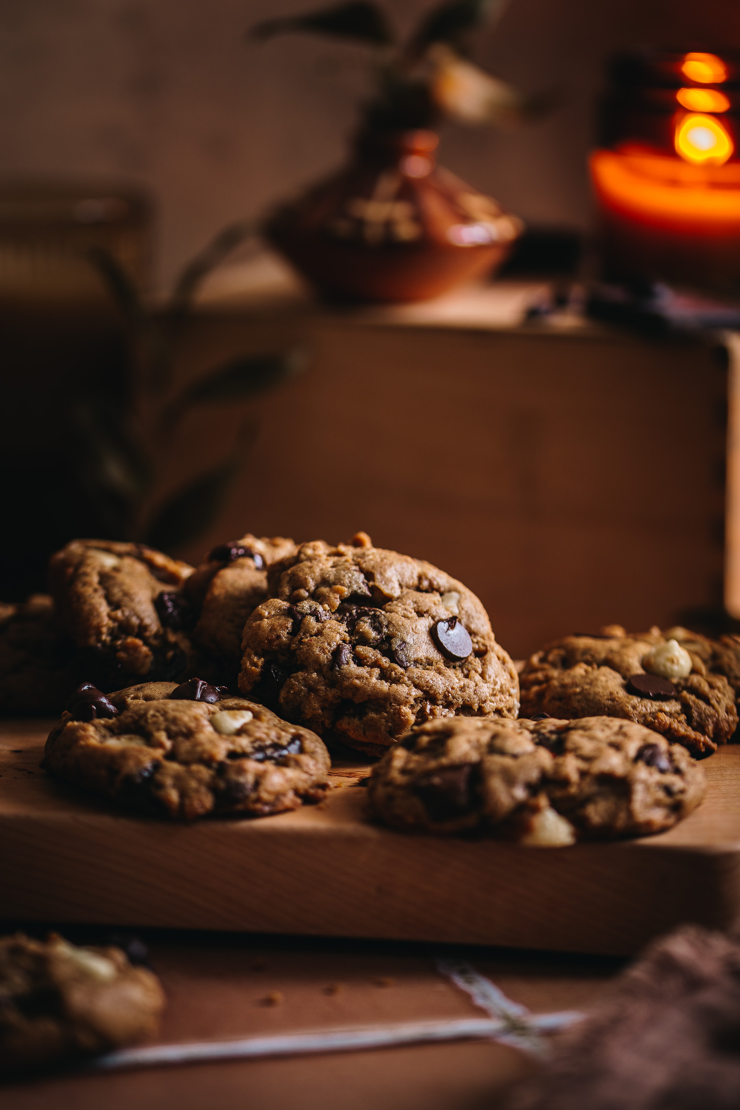 Easy Vegan Chocolate Chip Cookies on wood board