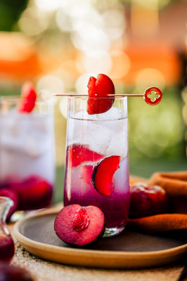 Closeup of a tall glass filled with a Sweet Plum and Vanilla Gin Tonic