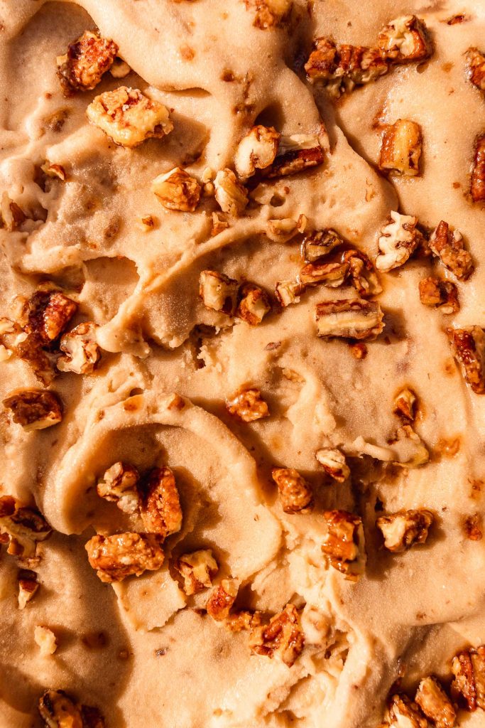 Close of up the texture of a homemade Vegan Maple Pecan Ice Cream