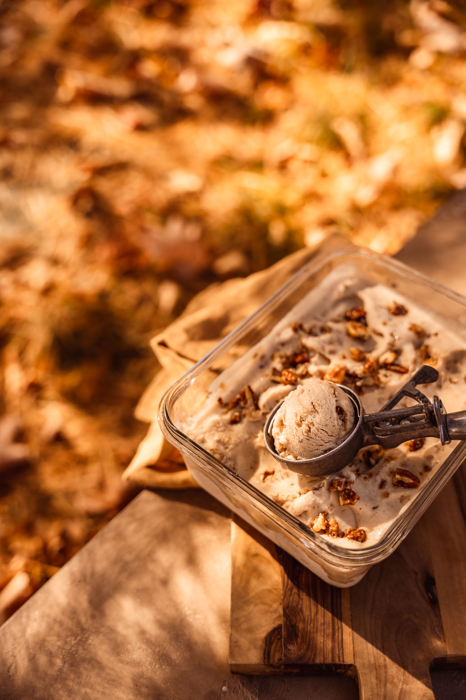 Tup of homemade Vegan Maple Pecan Ice Cream