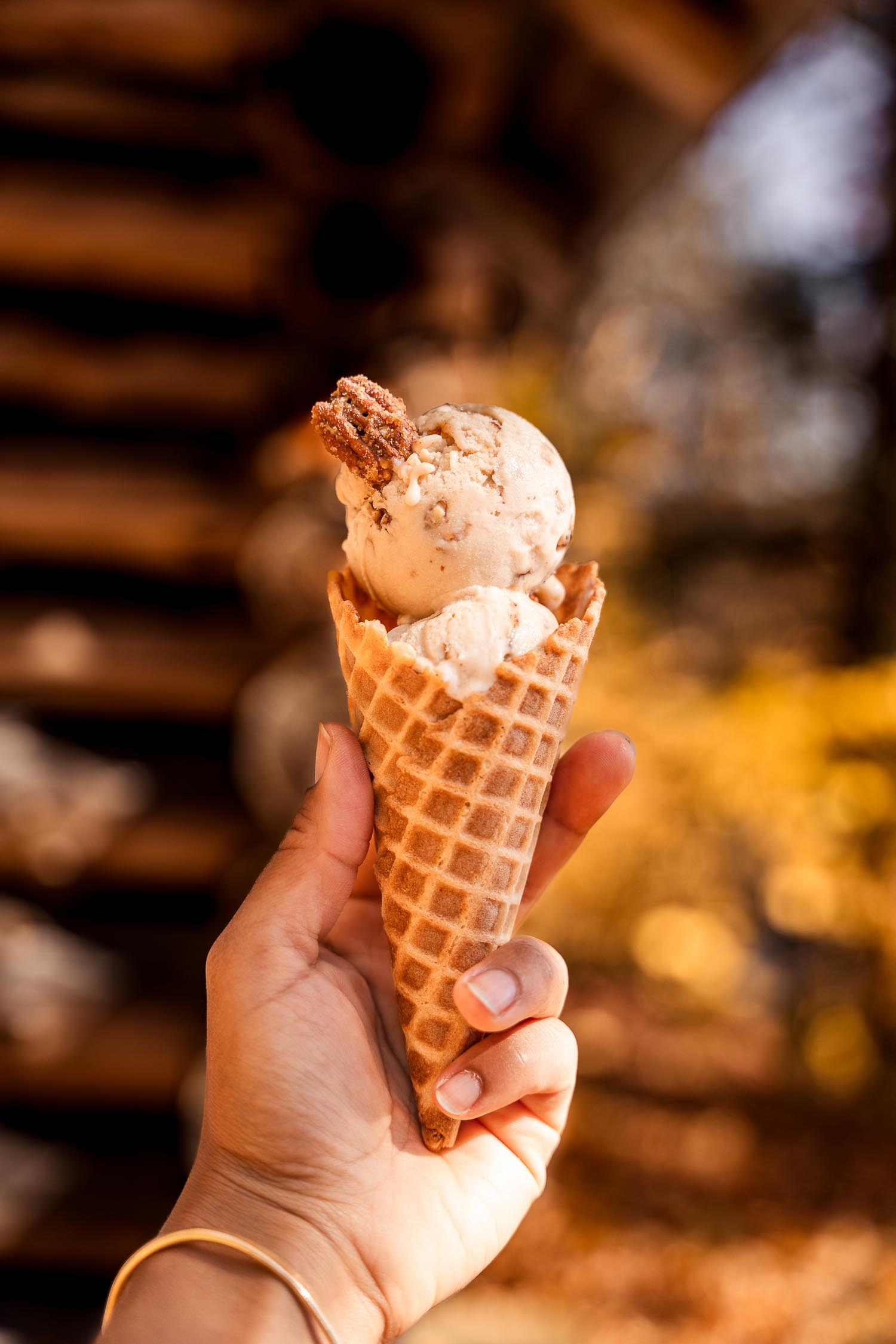Hand holding a cone of Vegan Maple Pecan Ice Cream with two scoops