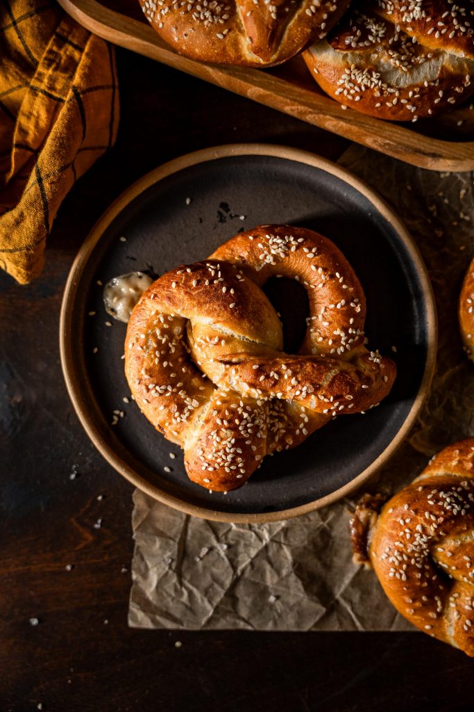 Overhead of Vegan Caramelized Shallots and Feta Stuffed Pretzels