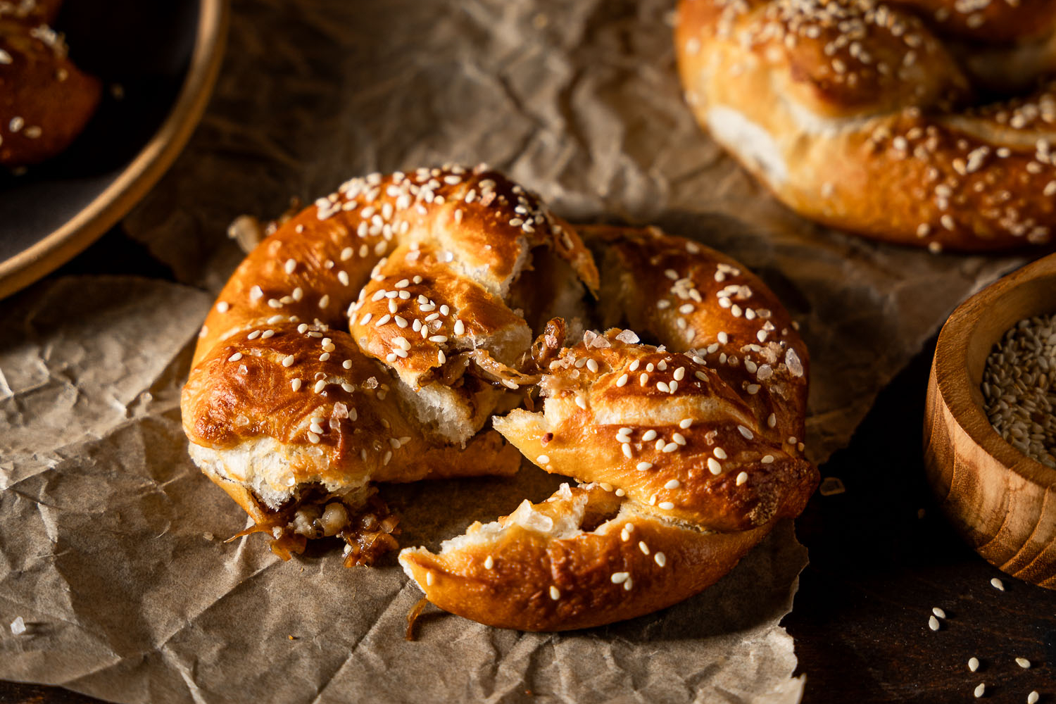 Vegan Caramelized Shallots and Feta Stuffed Pretzels Open