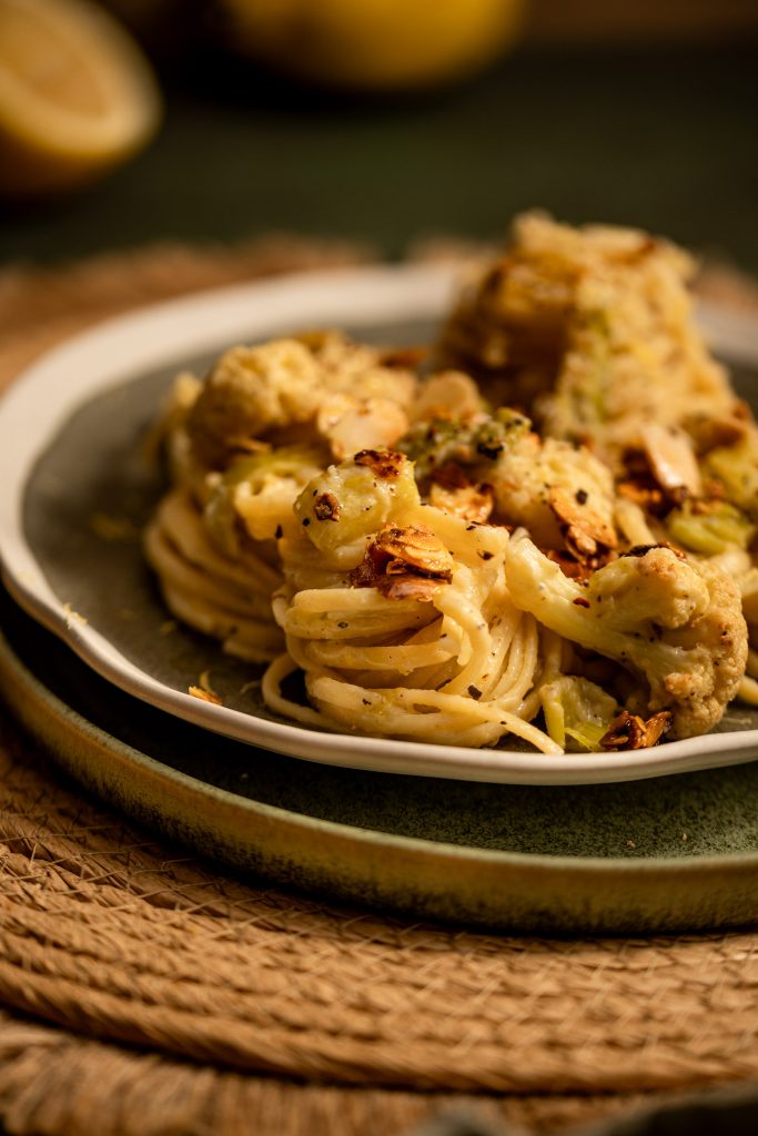 Close up of Creamy Leek and Cauliflower Linguini