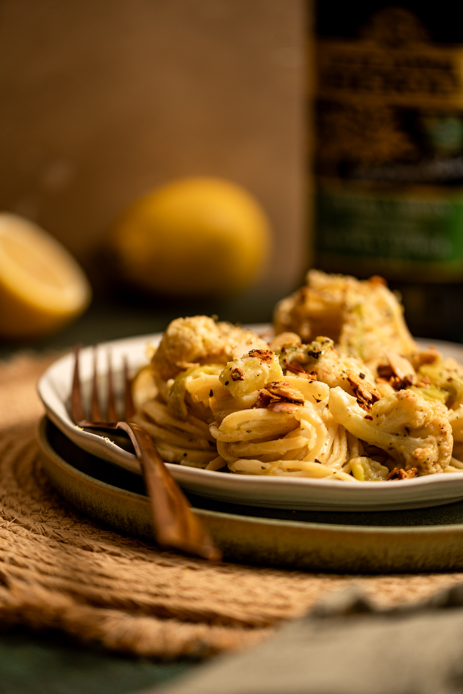 Close up of Creamy Leek and Cauliflower Linguini